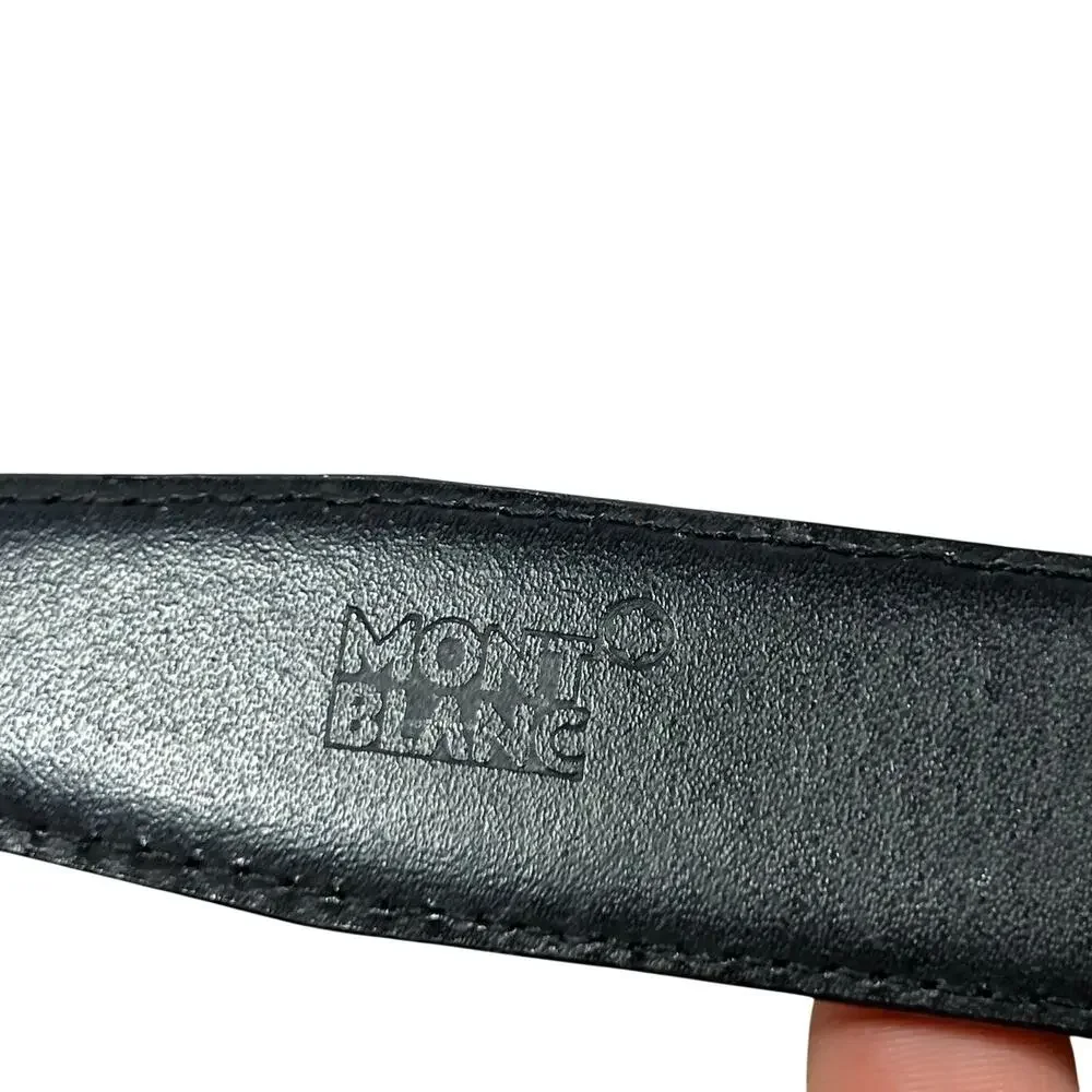Montblanc Men Textured Black Leather Belt Silver Square Buckle 46